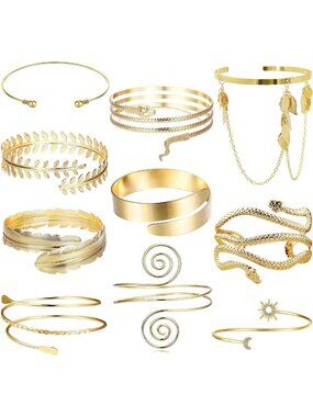 6-10Pcs Adjustable Arm Cuff Bracelets for Women - Boho Snake Feather Armbands